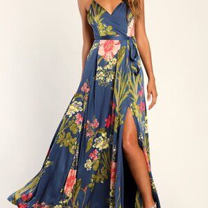Lulus Still The One Blue Floral Print Satin Maxi Dress - Size M